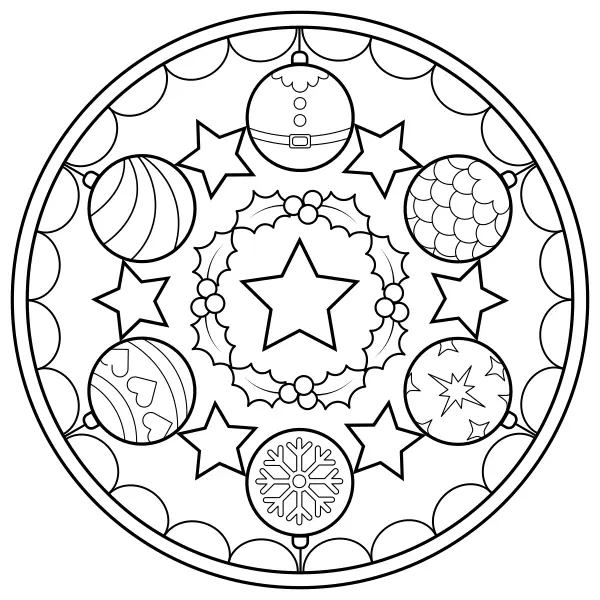 Mandala s vianočnými guľami | Online omaľovánky pre deti