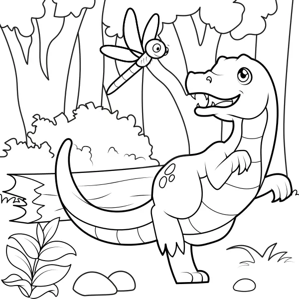 Dinosaurus naháňa vážku | Online omaľovánky pre deti
